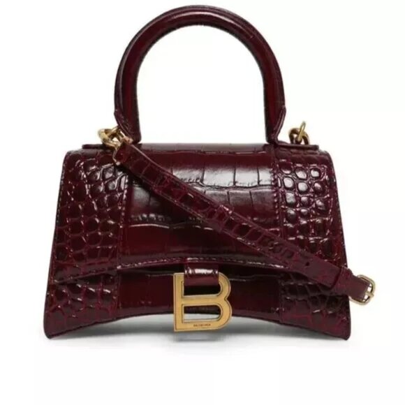 Balenciaga Xs Hourglass Handbag Crocodile Embossed Burgundy - Picture 1 of 10